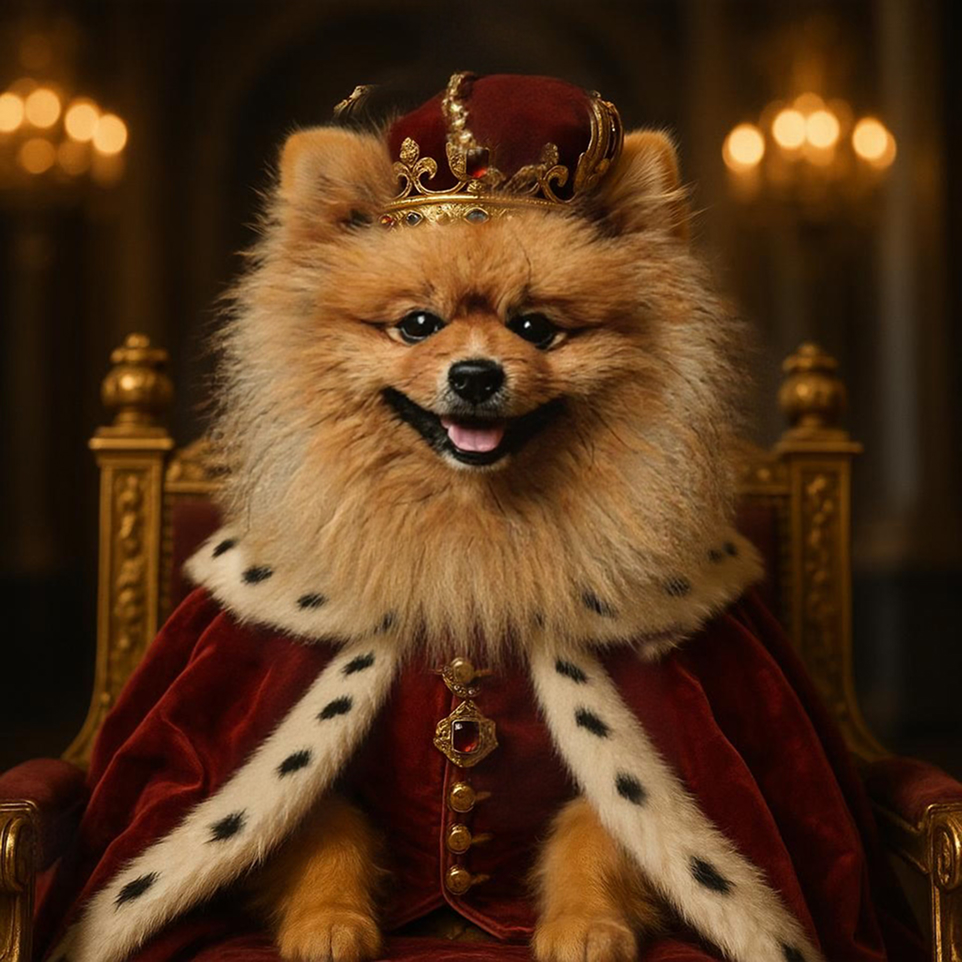 Royal Lord style dog portrait result with crown and regal attire - AI generated pet art